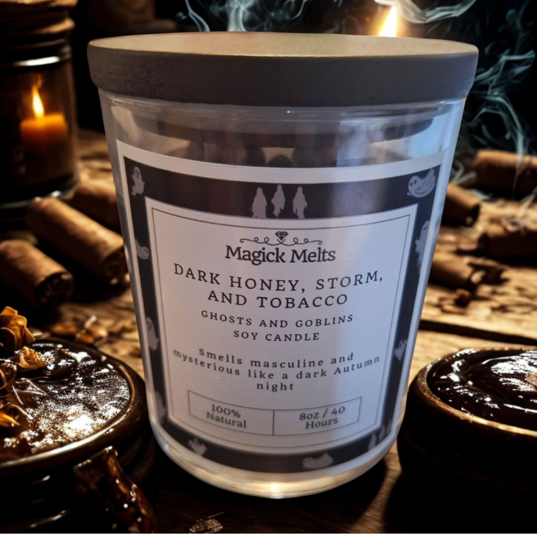 Dark Honey, Storm, and Tobacco "Ghosts and Goblins" Soy Wax Candle